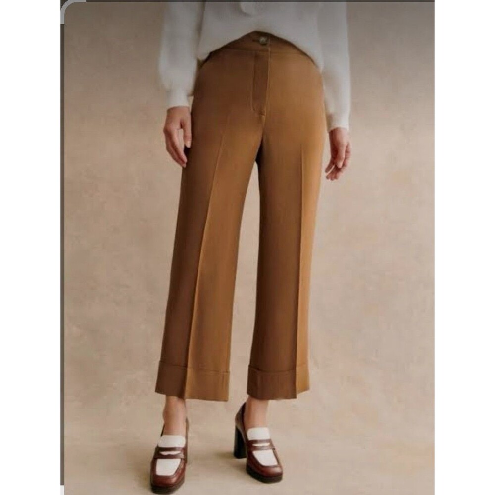 Sezane Damon Trousers Womens 44 US 12 Camel Tan Wool Blend Cuffed Pants